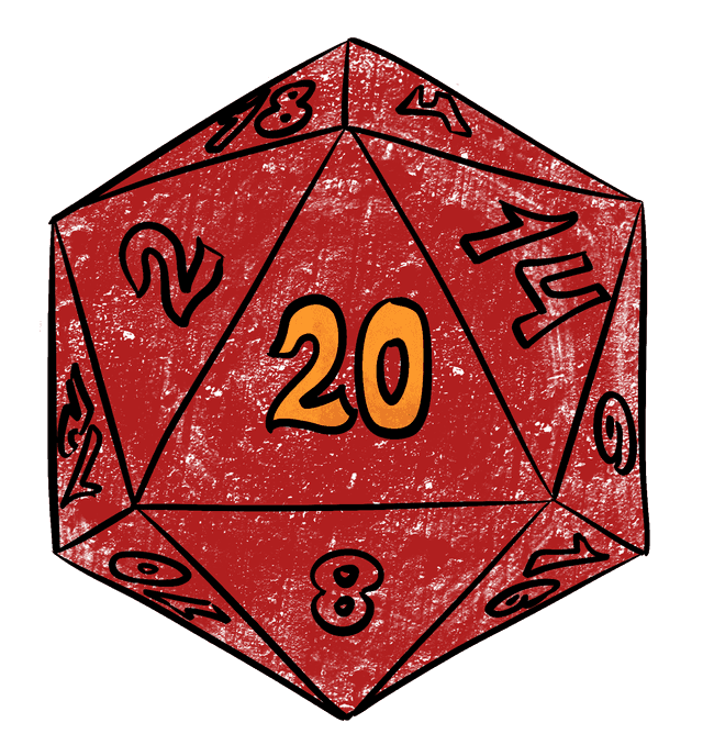 drawn d20 die